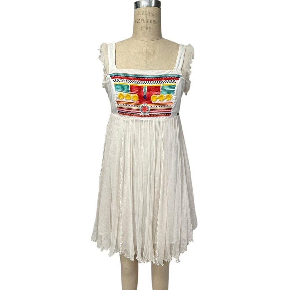 Junior Gaultier Beaded Bib Sleeveless Ruffle Dress Kids Size 16 Boho Cream White